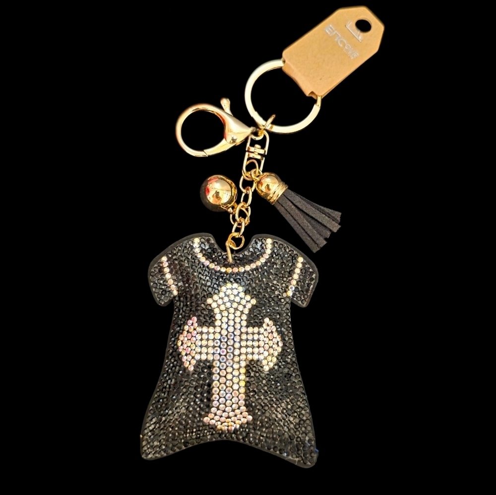 Rhinestone Dress Bag Charm with Cross – Sparkly Faith-Inspired Keychain